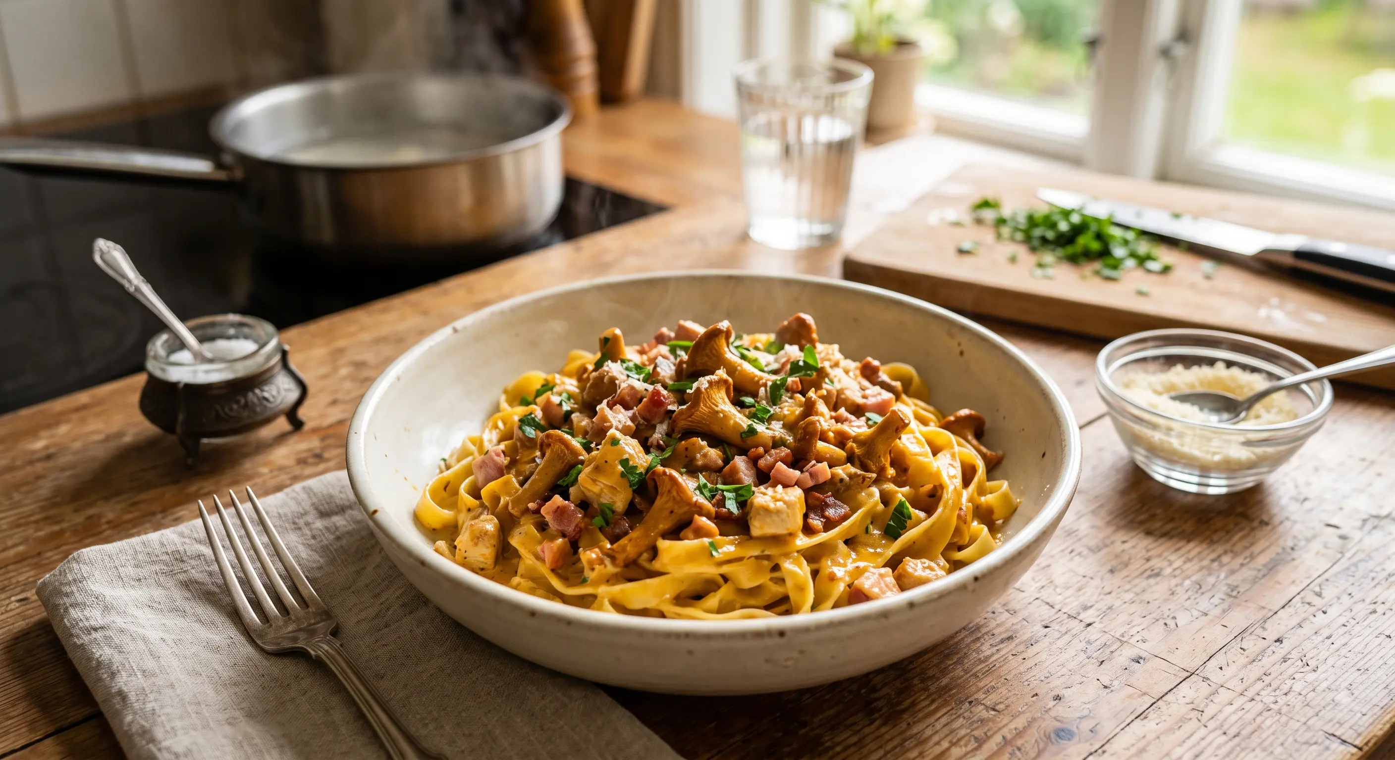 Kreemjas kukeseenepasta tagliatellega sügavas kausis