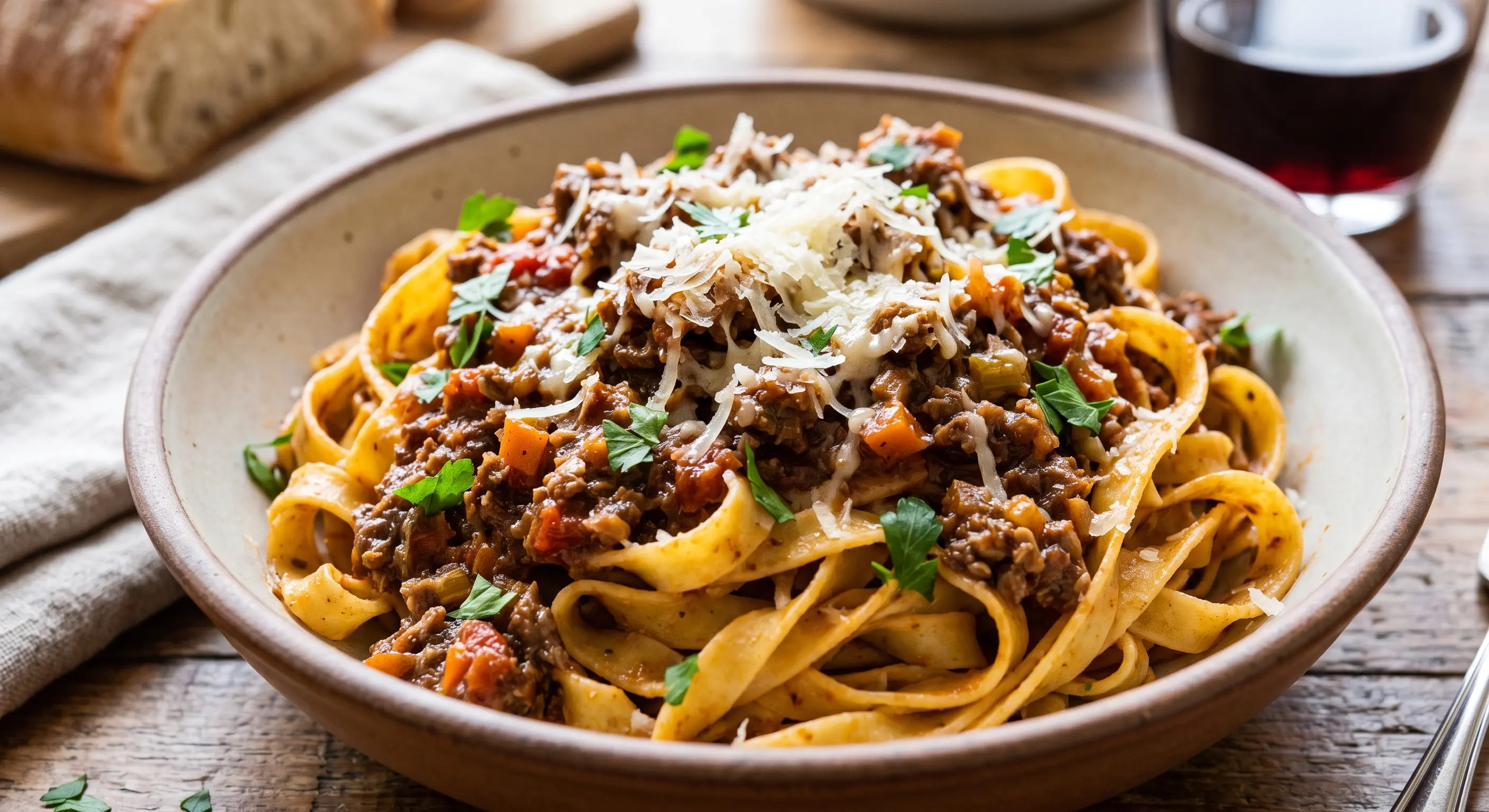 Pasta bolognese: tagliatelle pikalt hautatud hakklihakastme ja parmesaniga