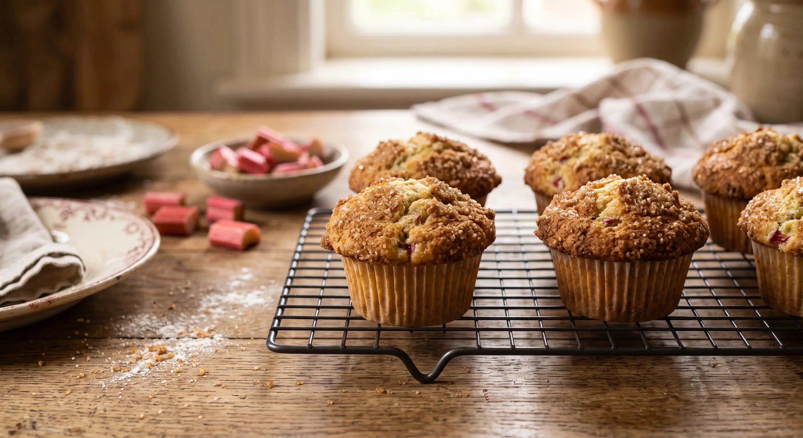 Värsked rabarberi muffinid demerara suhkruga kaetult jahutusrestil