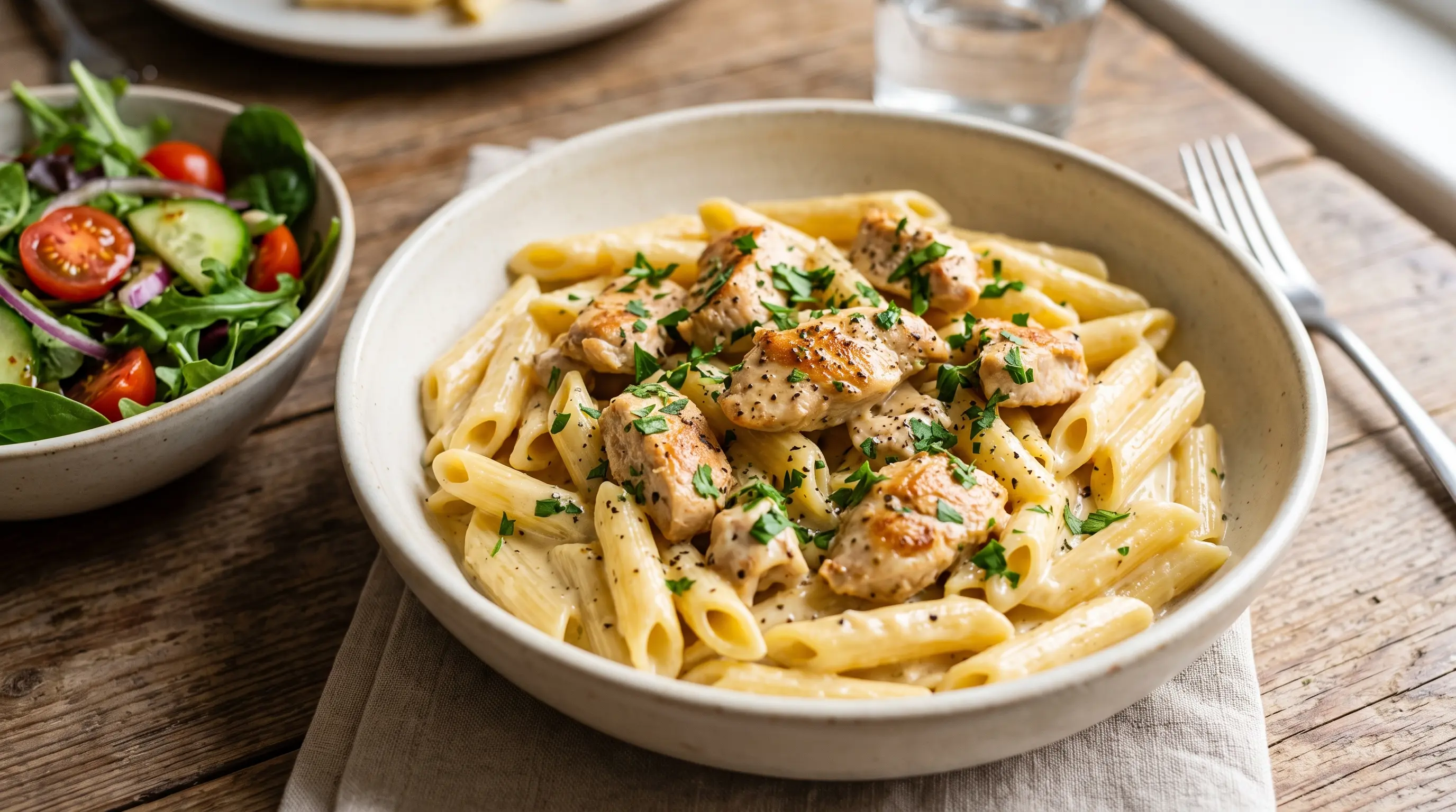 Koorene kanapasta mahlase kana, penne-pasta ja peterselliga