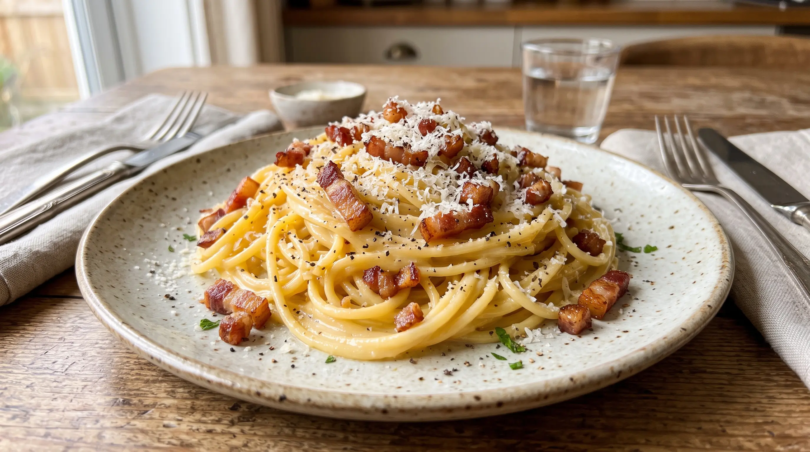 Taldrikutäis kreemjat carbonara-pastat krõbeda peekoni ja musta pipraga
