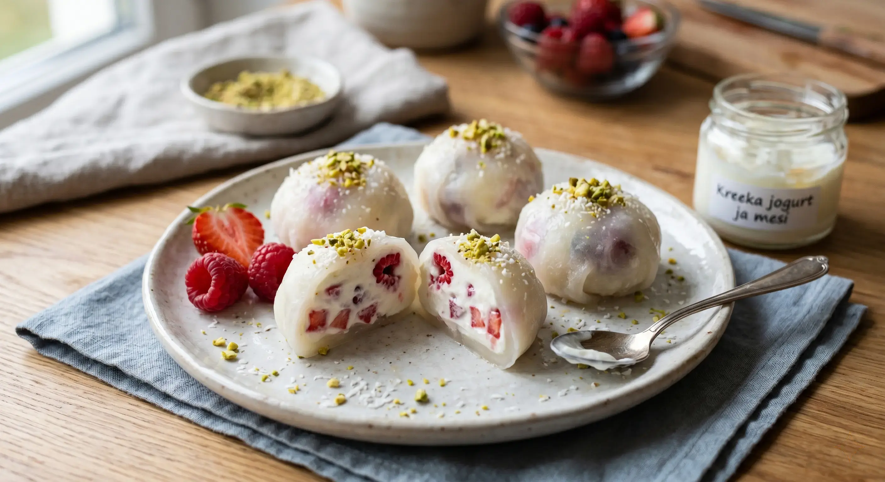 Riisipaberi mochi jogurti ja marjadega